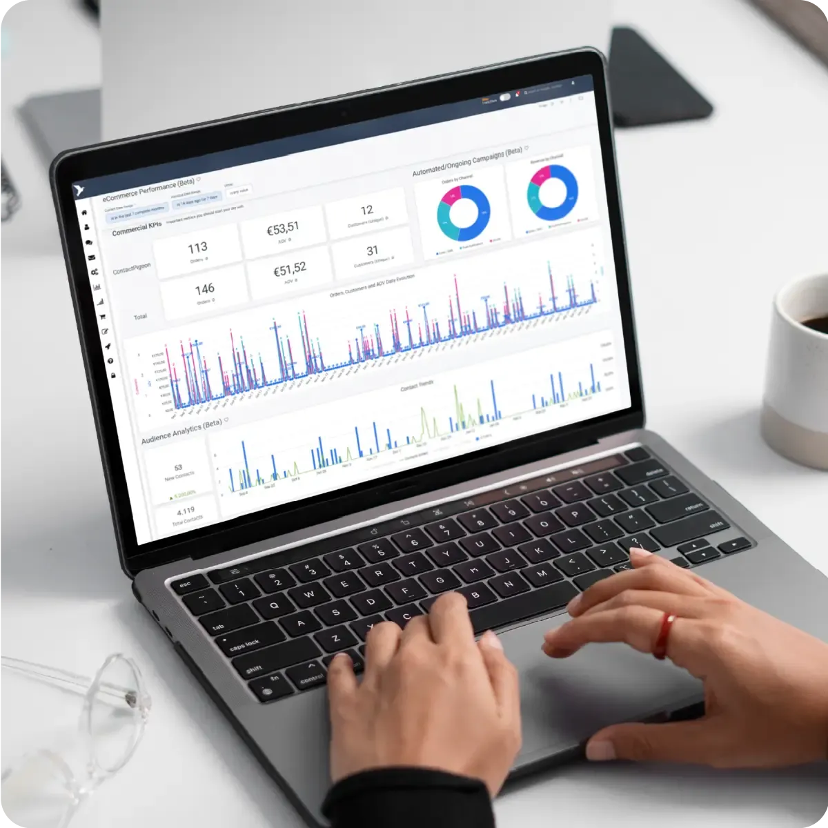 Analytics dashboard displayed on a laptop with charts and performance metrics
