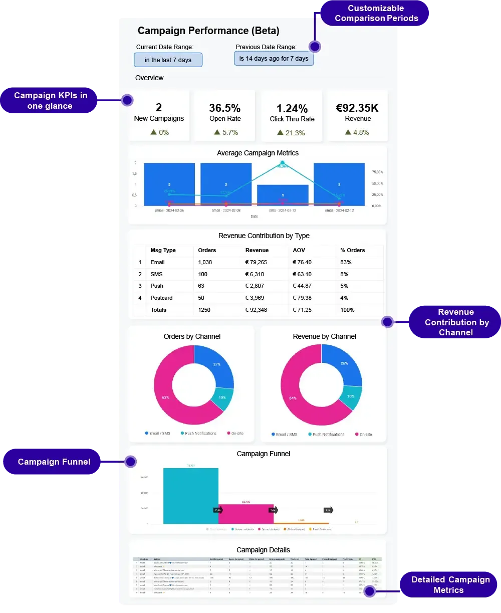Campaign performance dashboard with channel attribution and results