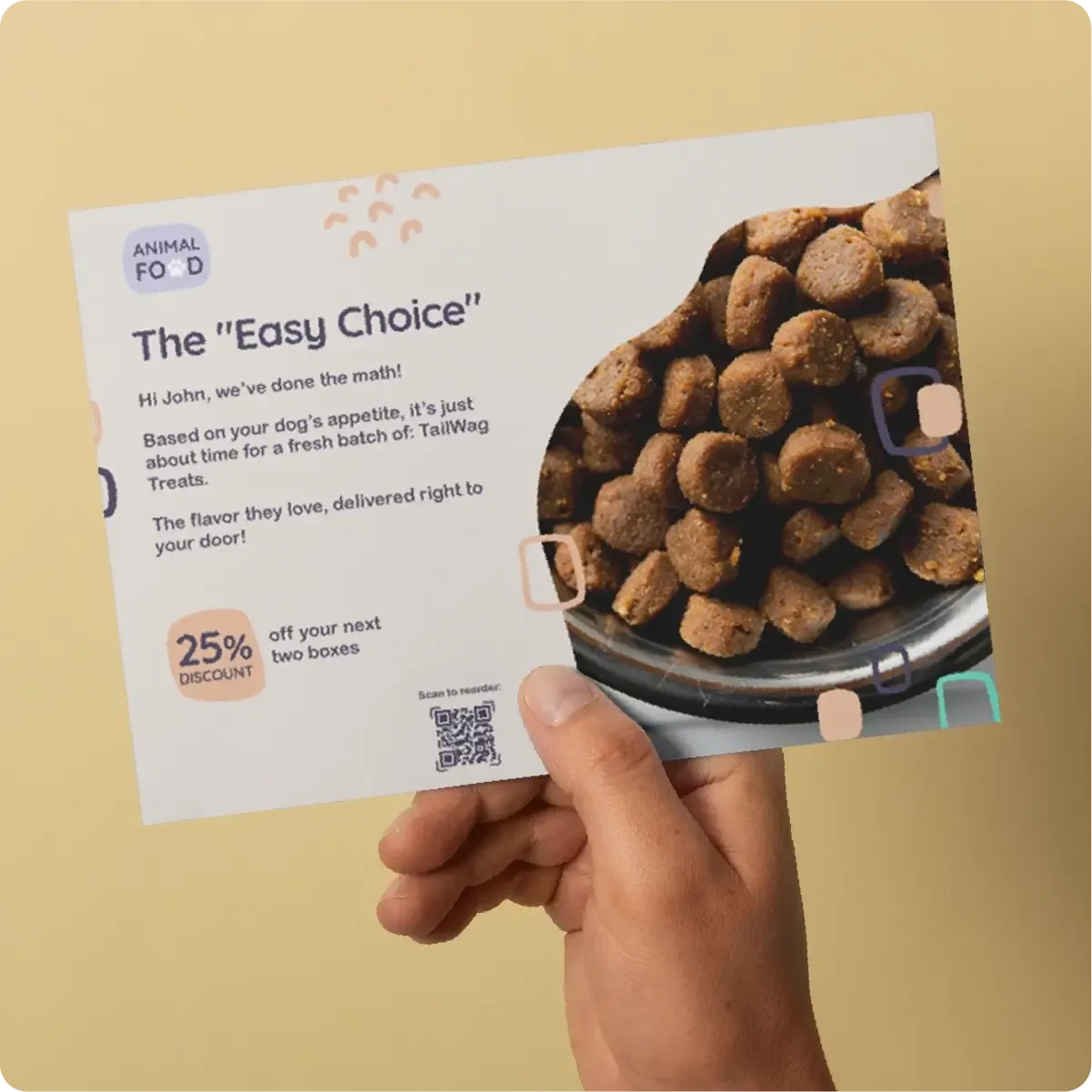 Direct mail postcard held in front of pet food bowl