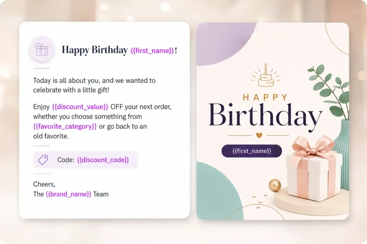 Personalized birthday direct mail creative with customer fields and offer code