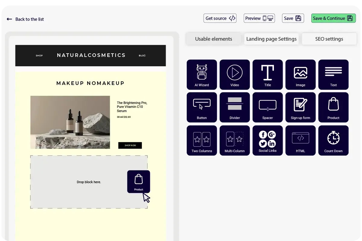 Landing page drag-and-drop builder preview