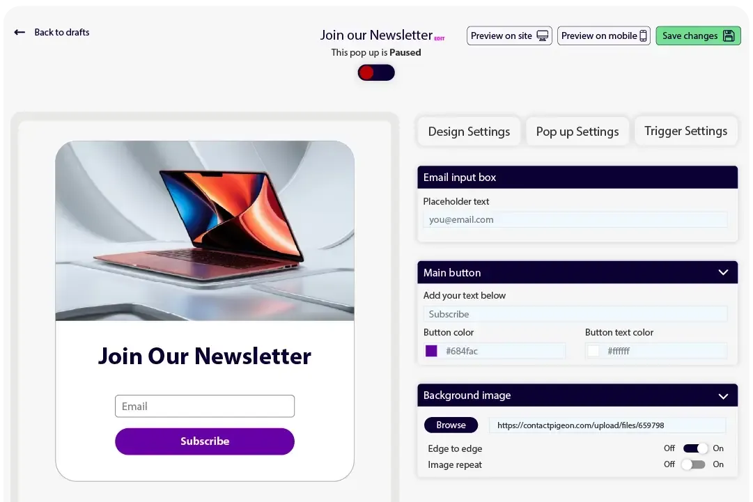 Dynamic popup design builder preview