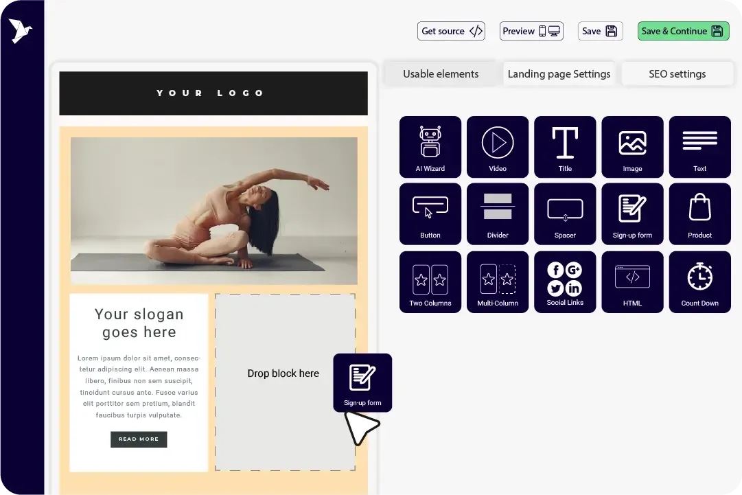 Embedded web form block in a page builder