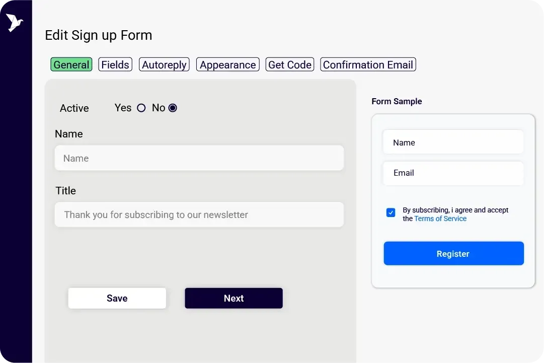 Hosted web form editor in ContactPigeon