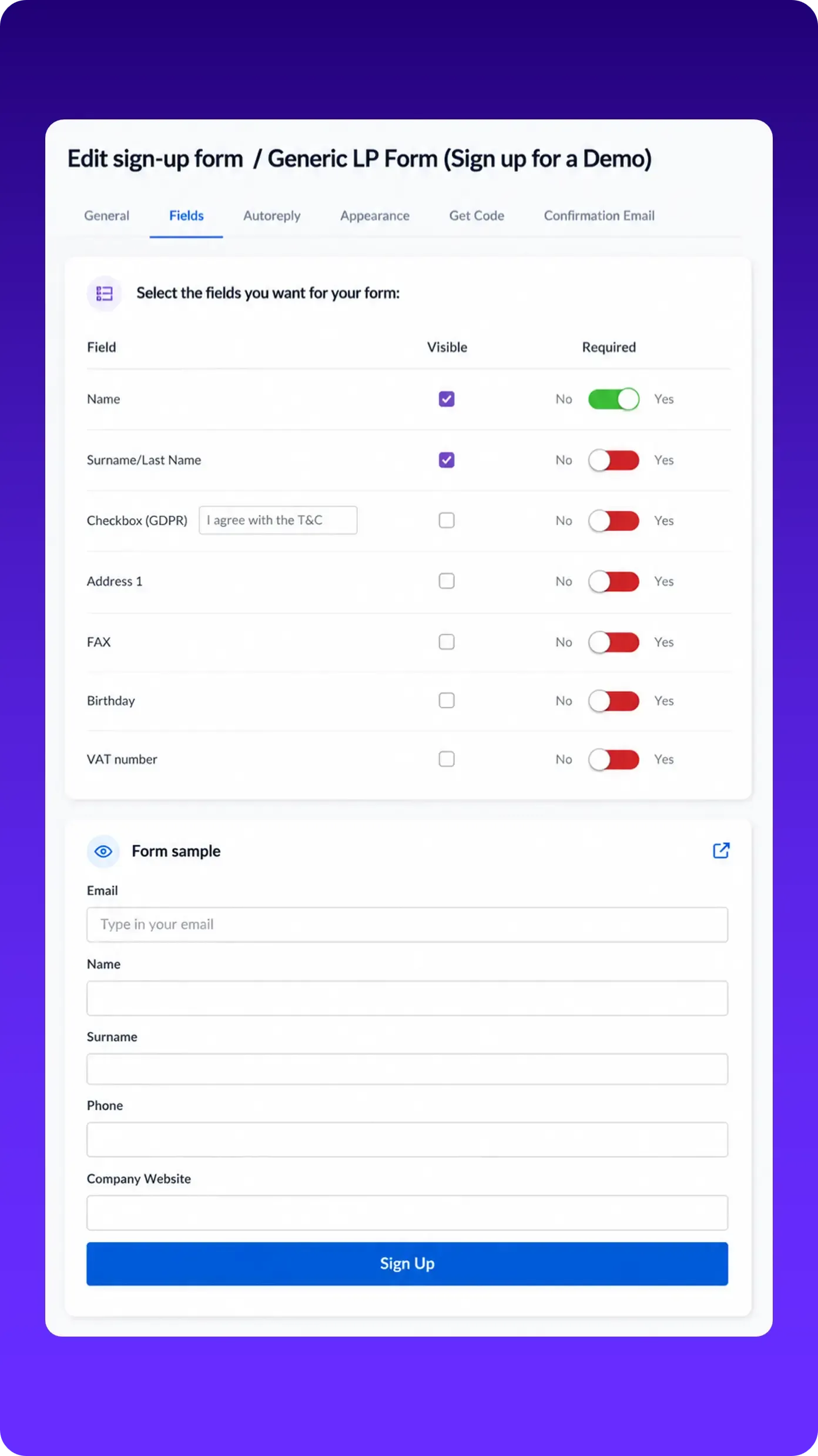 ContactPigeon web form visual builder interface