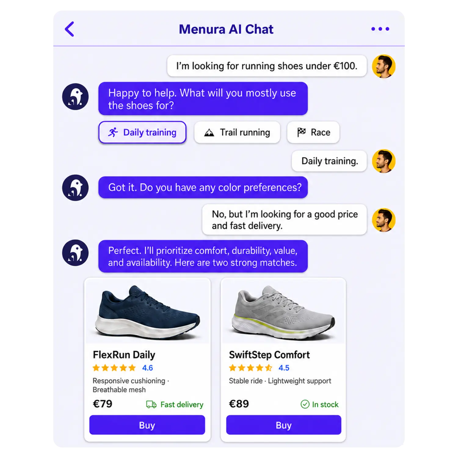 AI shopping assistant asking clarification for better product recommendations